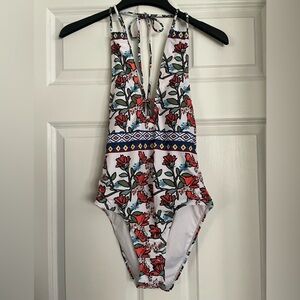 Floral One-Piece Kids Swimwear - White with Red & Blue Pattern